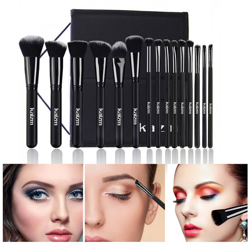 15Pcs Schwarz Make Up Pinsel Frau Set Mit Tasche Foundation Eyeliner Lidschatten