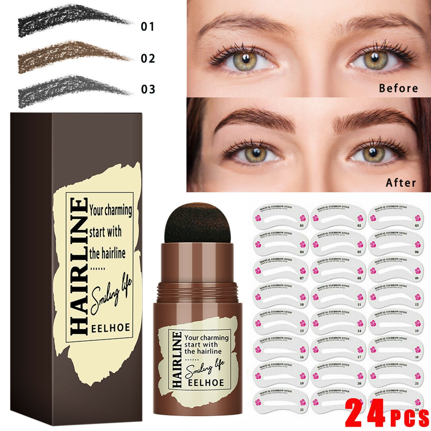 Augenbrauenstempel Schablonen-Kit, 24-teilige Augenbrauen-Formschablonen, langlebiger Augenbrauen-Brauen-Definer, perfektes Make-up-Wiederverwendbares Kit - beautyshop-24